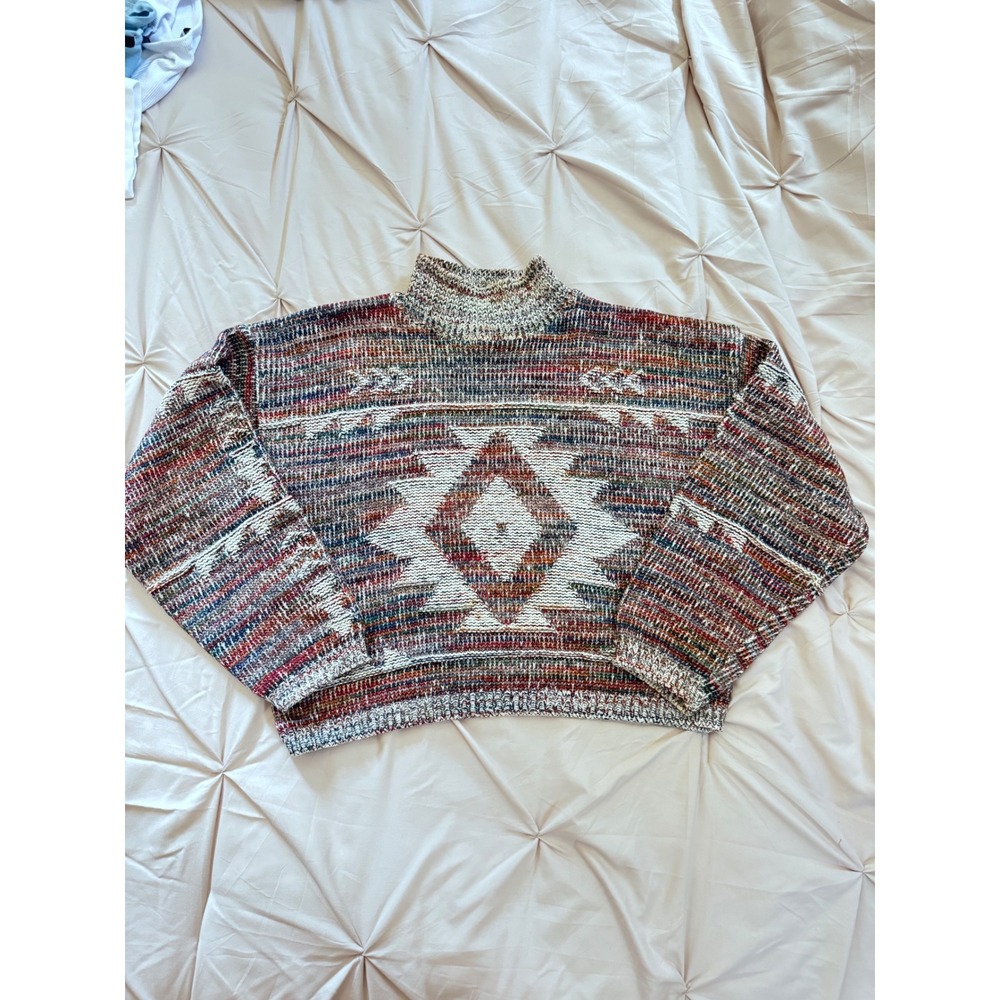 Vintage Mixed Blues Cropped Southwest Sweater Mock Neck Multi Color Geometric